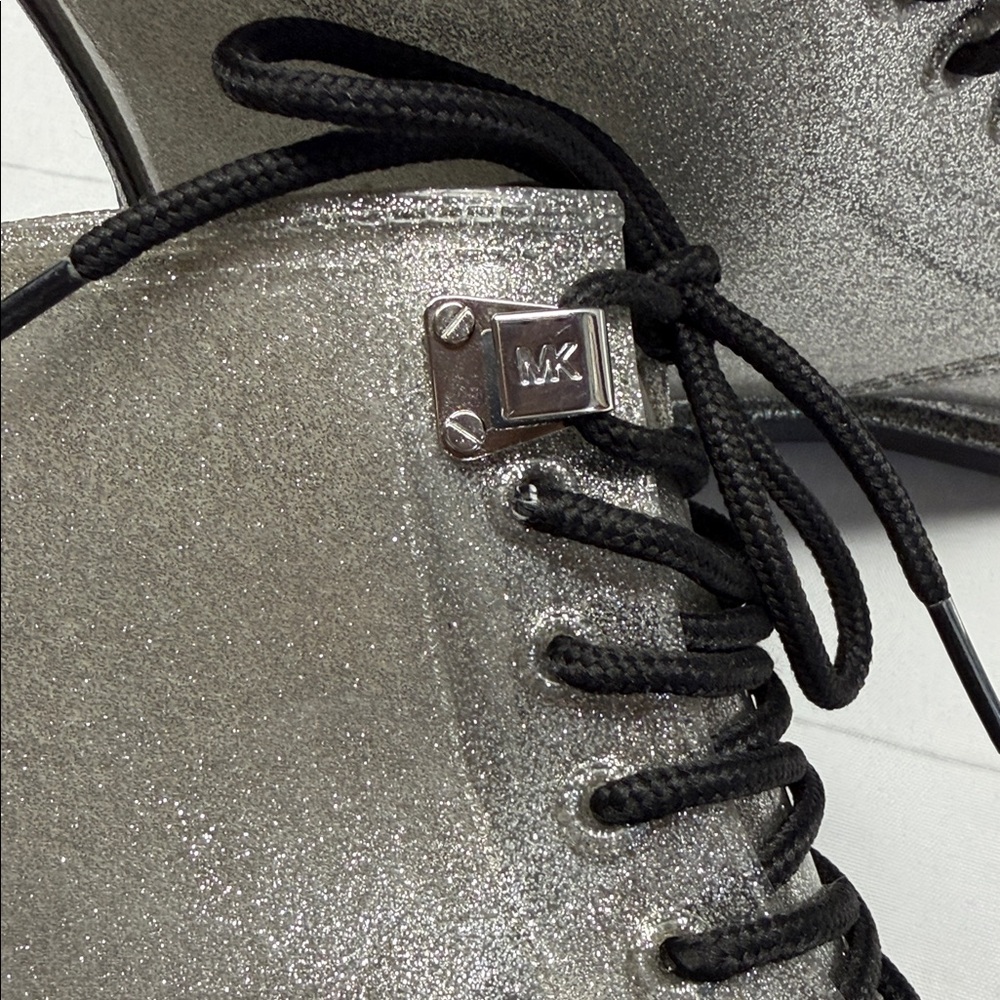 Michael Kors Silver Glitter Tavie Lug Sole Lace Up Combat Rain Booties Size 6 - Picture 6 of 11